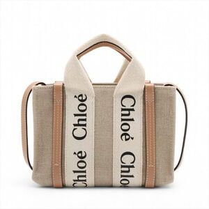 Chloe Woody Canvas Leather Handbag Beige